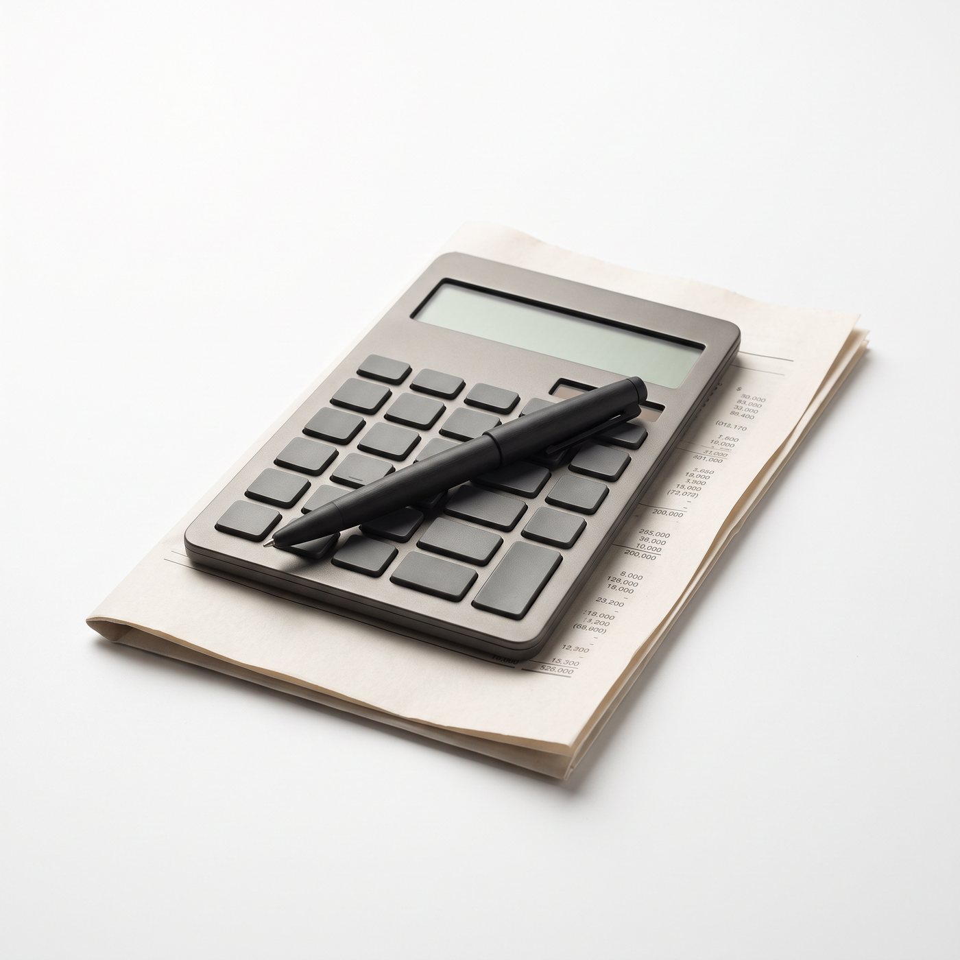 A calculator, pen and bank statement arranged on a plain background