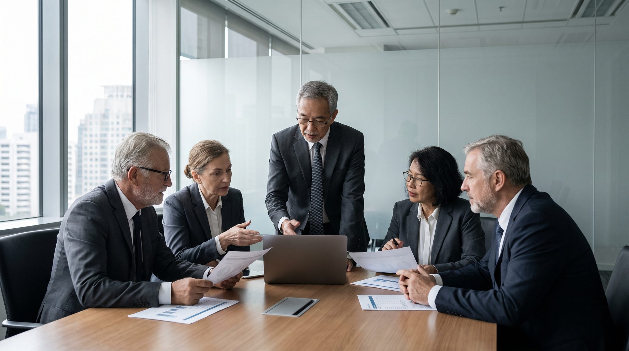 A boardroom table set for a monthly close review