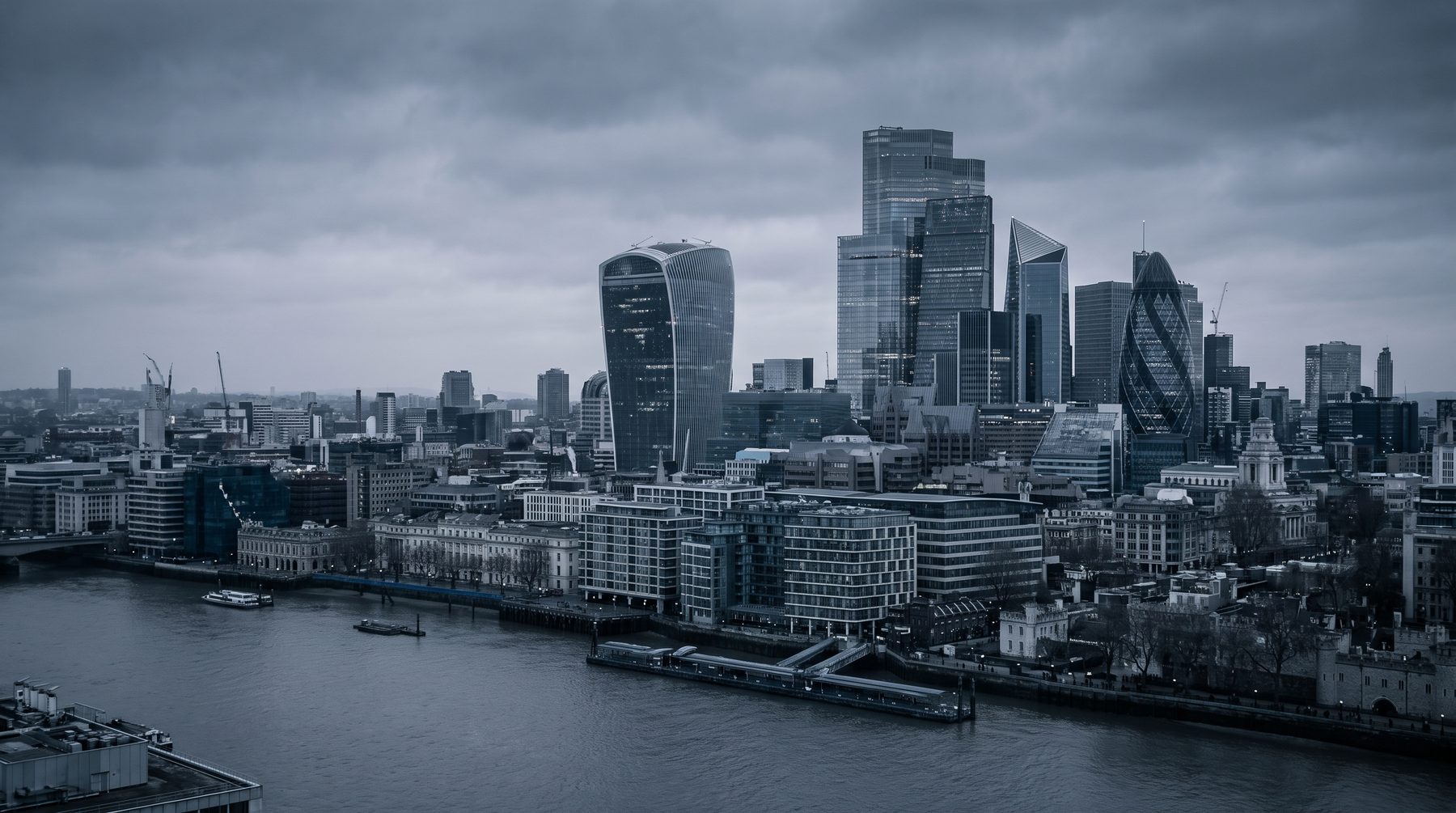London skyline at dusk seen across the river