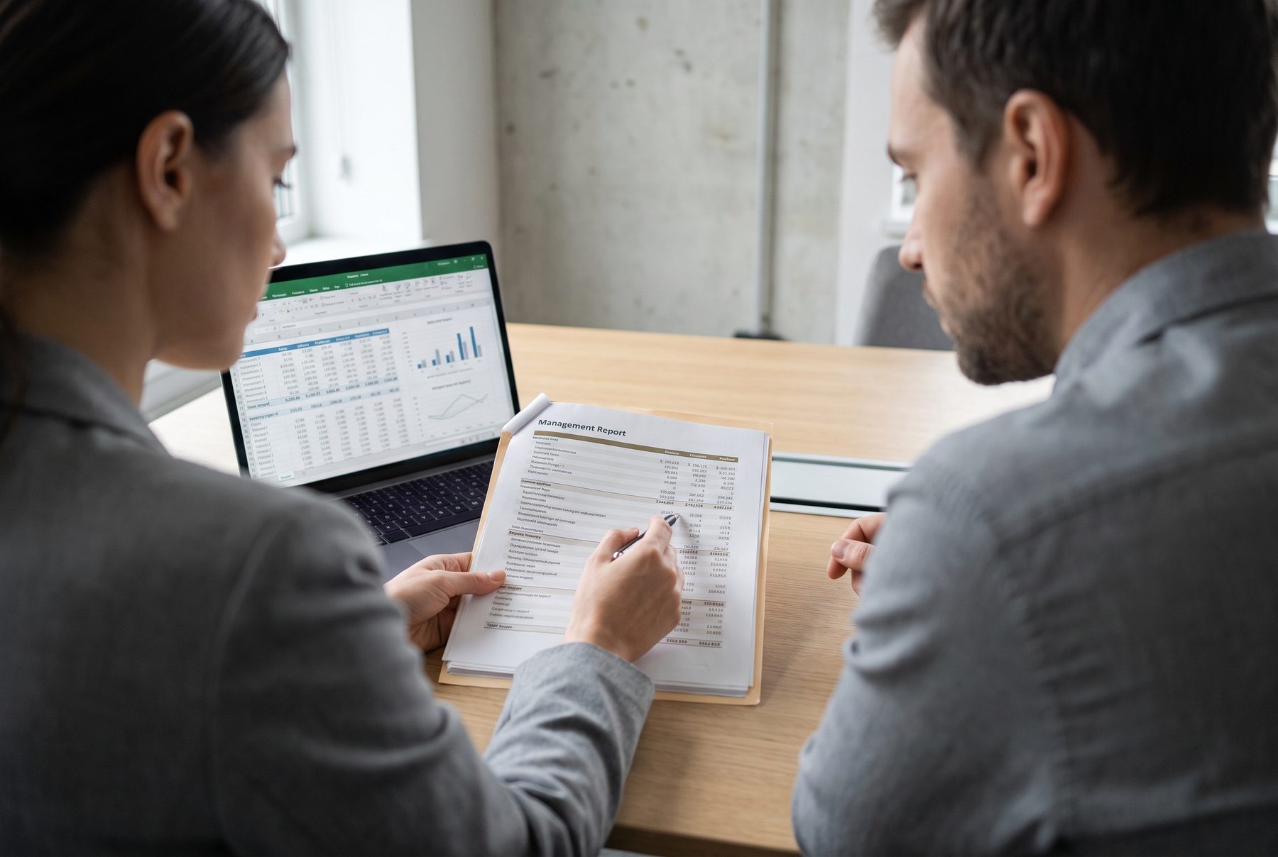Two GoDigi partners reviewing figures together at a shared screen
